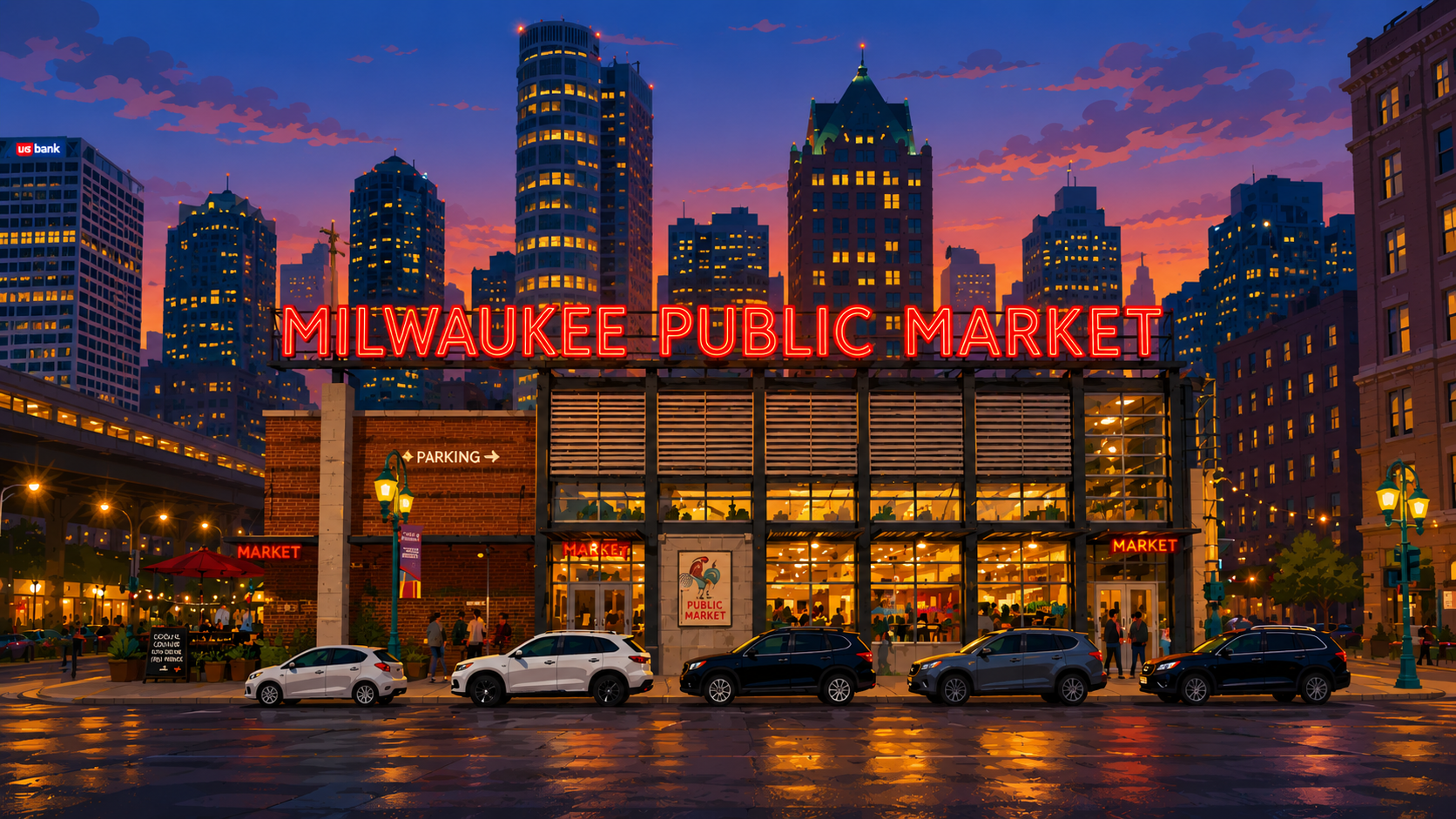 The Milwaukee Public Market as the centerpiece of a Wisconsin business growth composition with analytics overlays