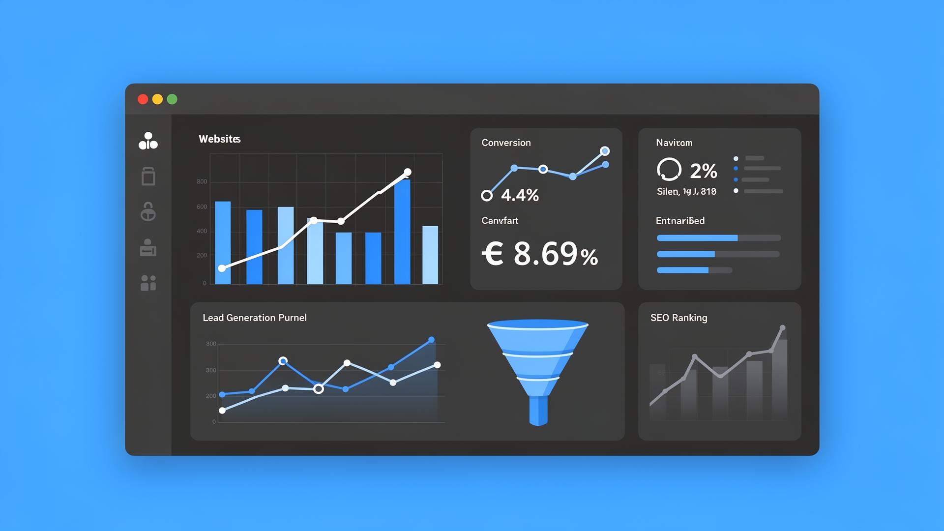 Illustrated analytics dashboard showing website performance, conversion metrics, and lead generation
