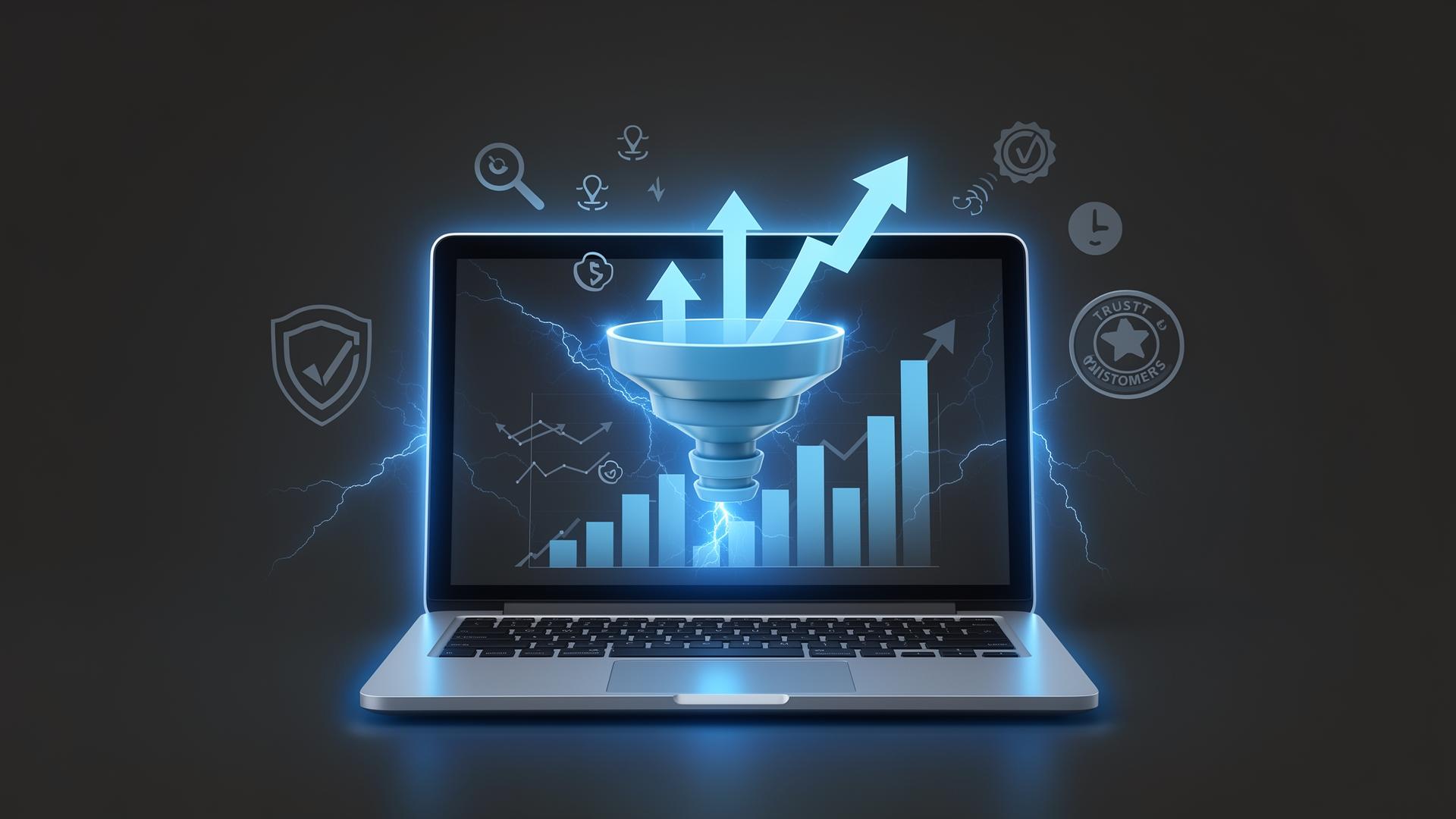 Editorial graphic of a glowing business website with growth arrows and a conversion funnel
