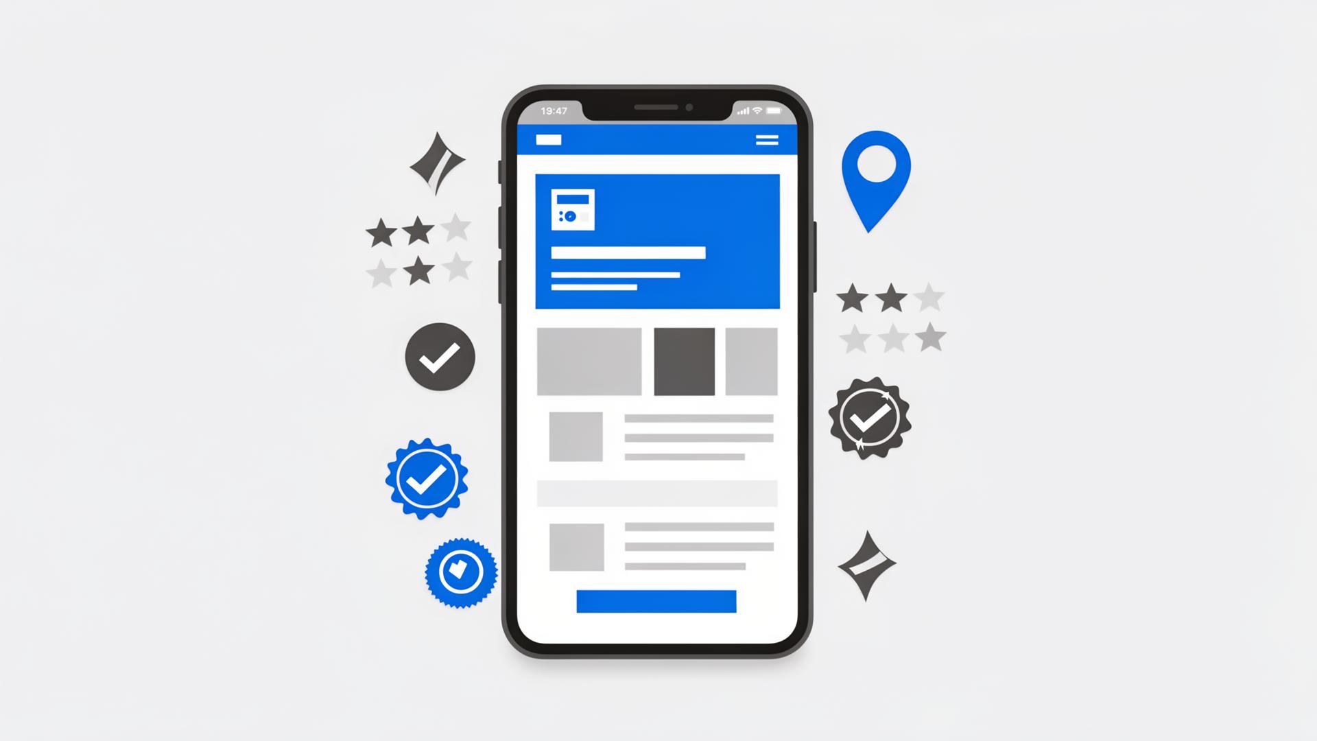Illustration of a responsive business website on a smartphone with trust signals and review icons