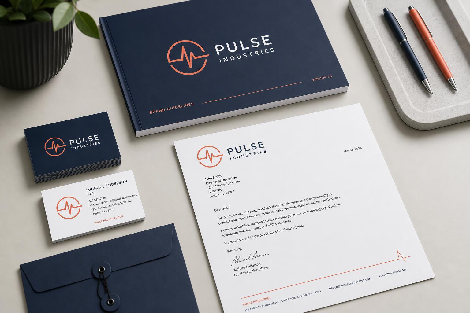 Editorial concept — open brand identity book with glowing logo marks and color swatches