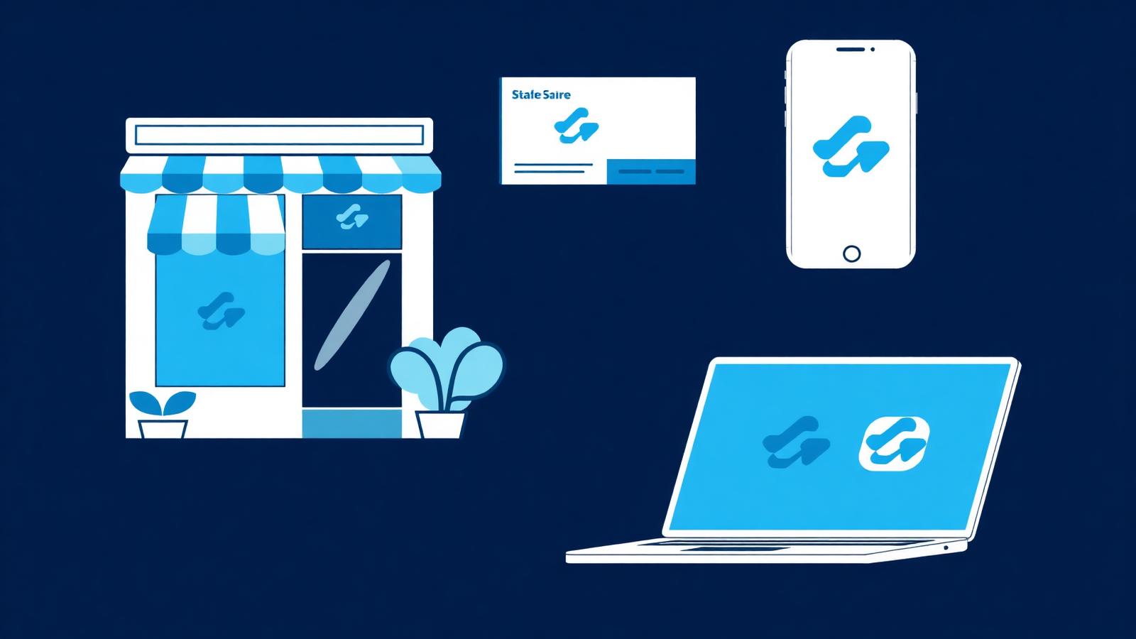 Editorial concept — brand consistency across storefront, business card, smartphone, and laptop