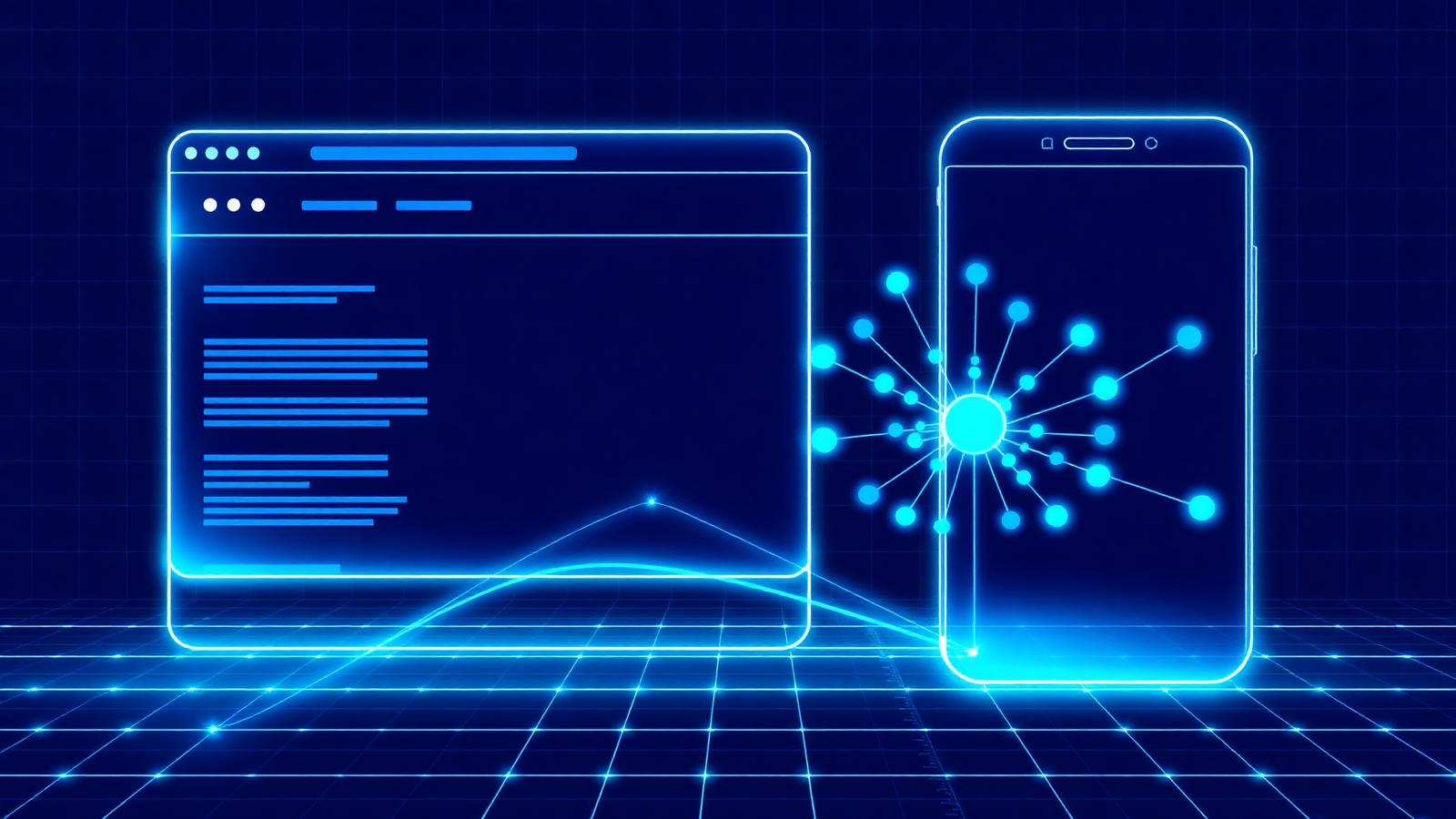 Topic cluster and website wireframe graphic representing content strategy and mobile optimization