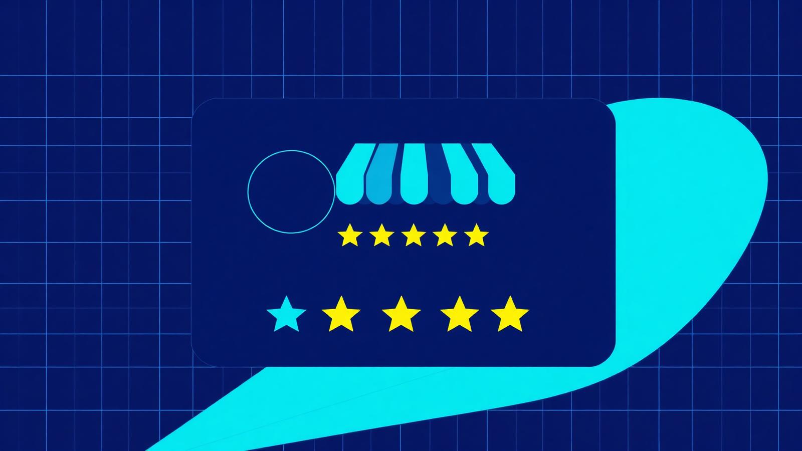 Stylized Google Business Profile concept graphic with storefront, star ratings, and review bubbles