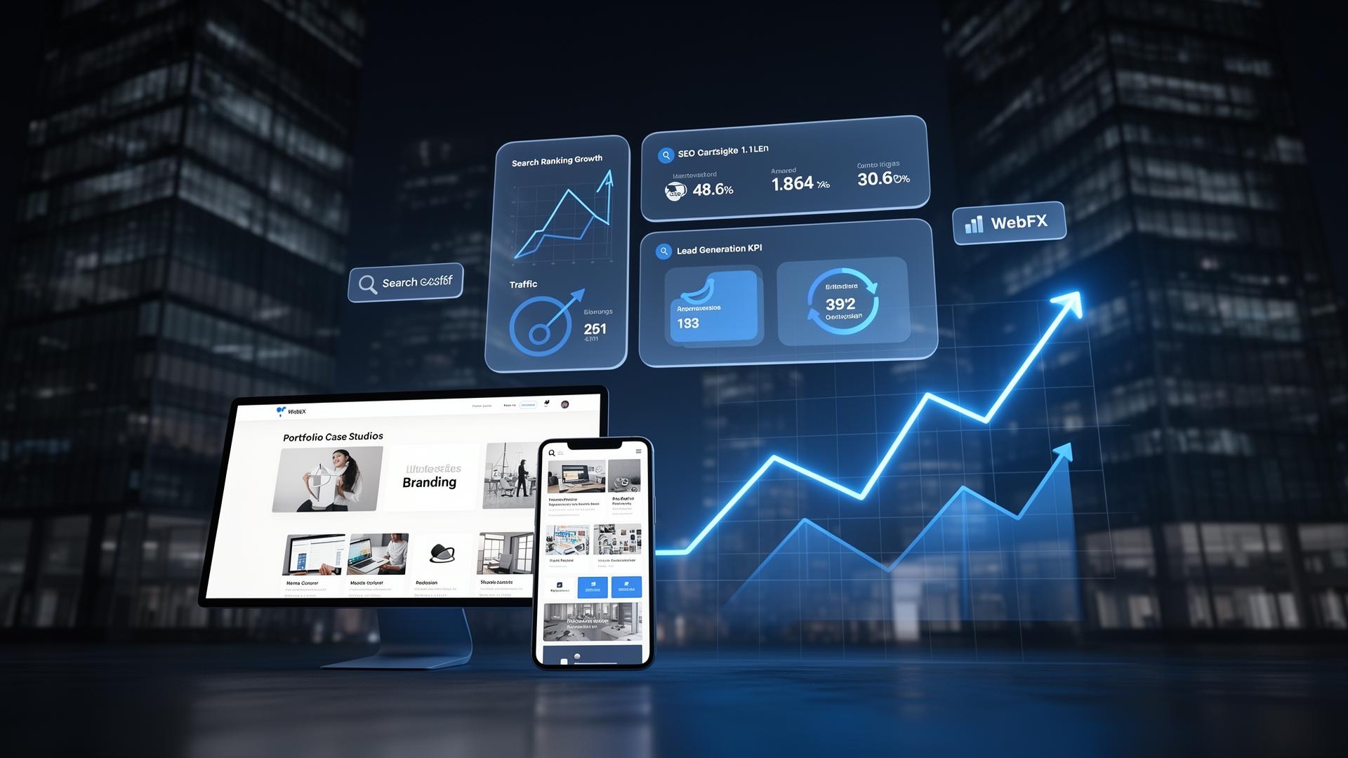 Premium website portfolio mockups with analytics dashboards over a corporate cityscape