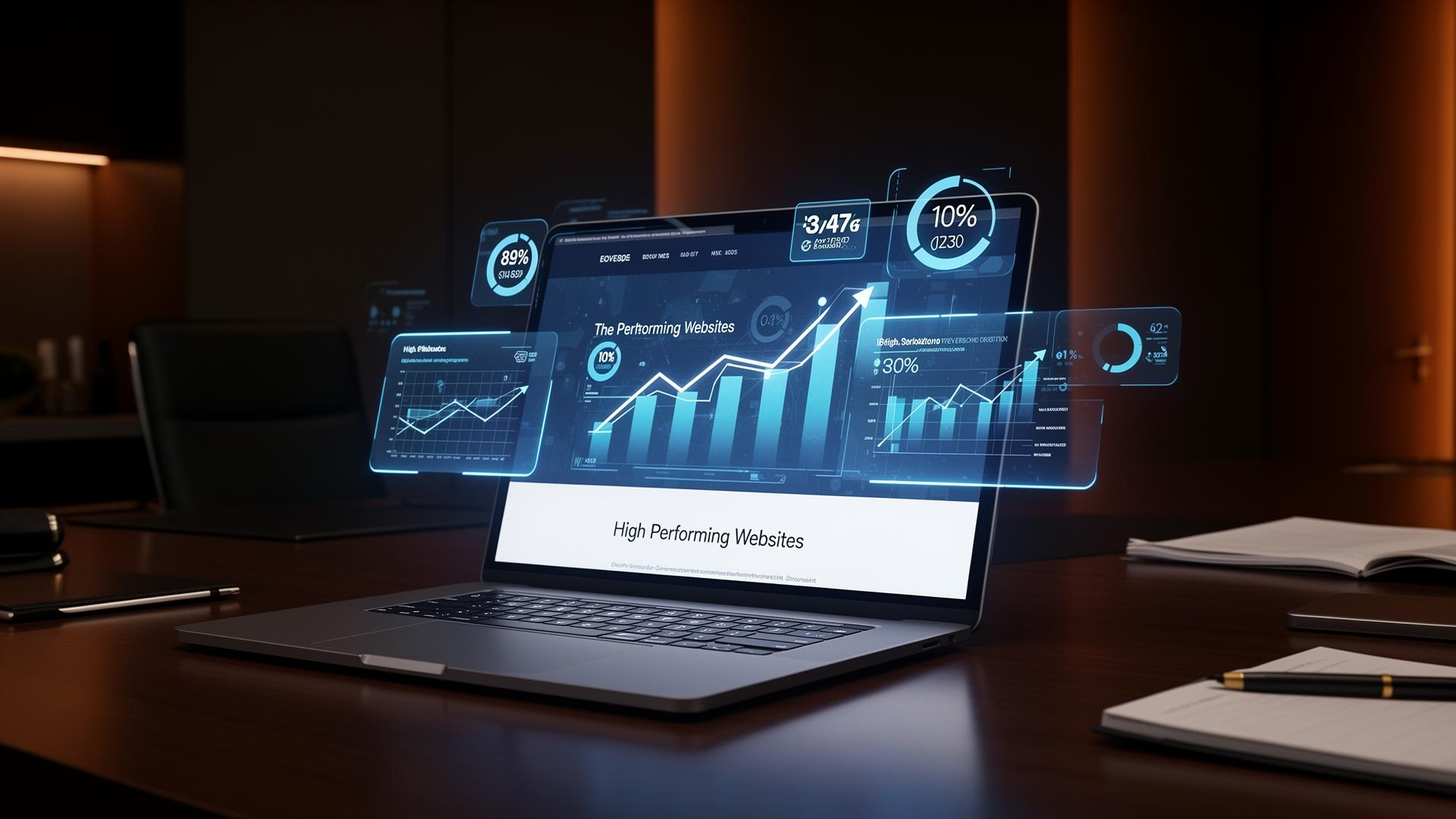 Editorial concept — a sleek laptop displaying a high-performing website