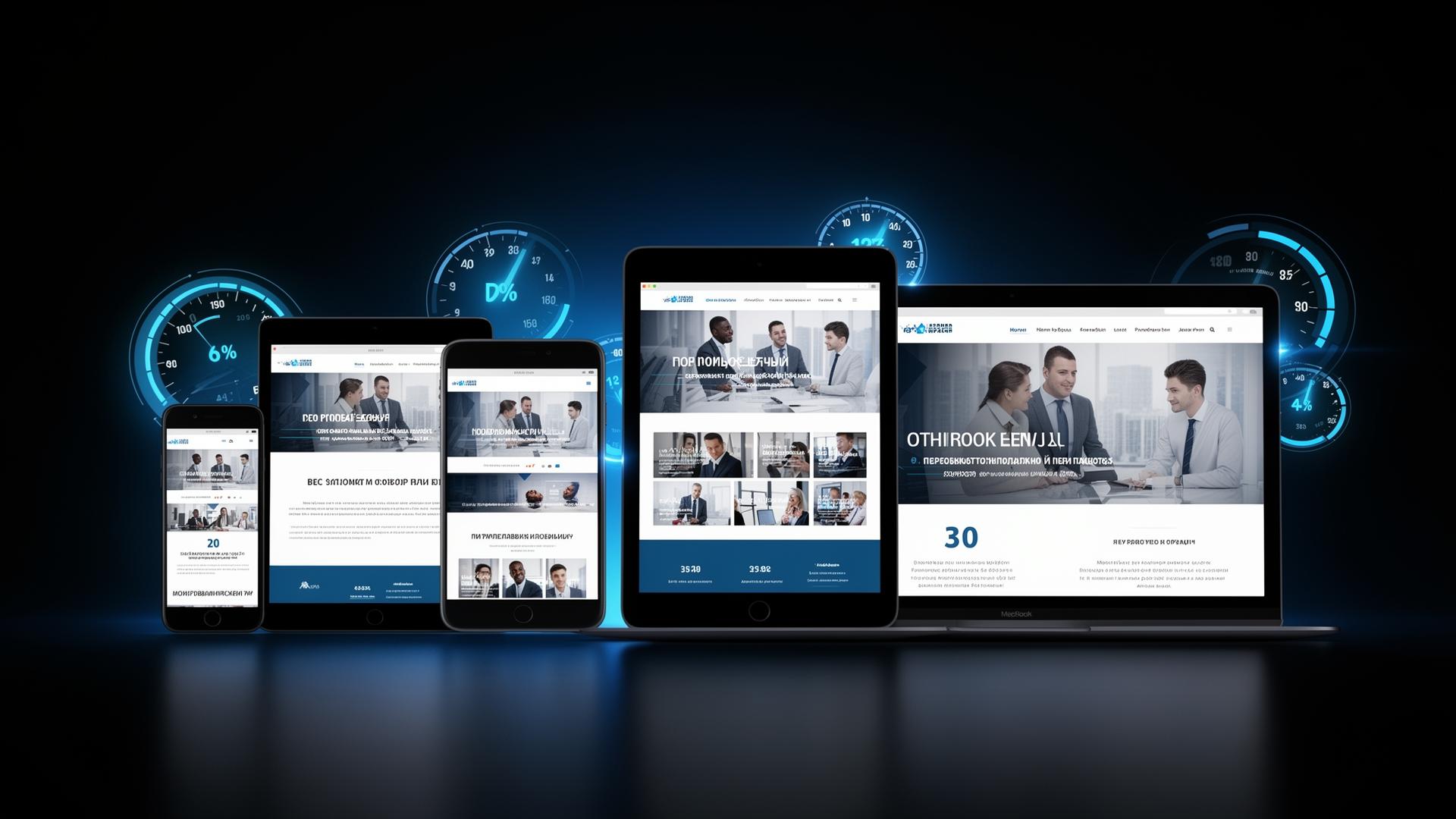 Editorial concept, multiple devices displaying a cohesive professional website with speed indicators