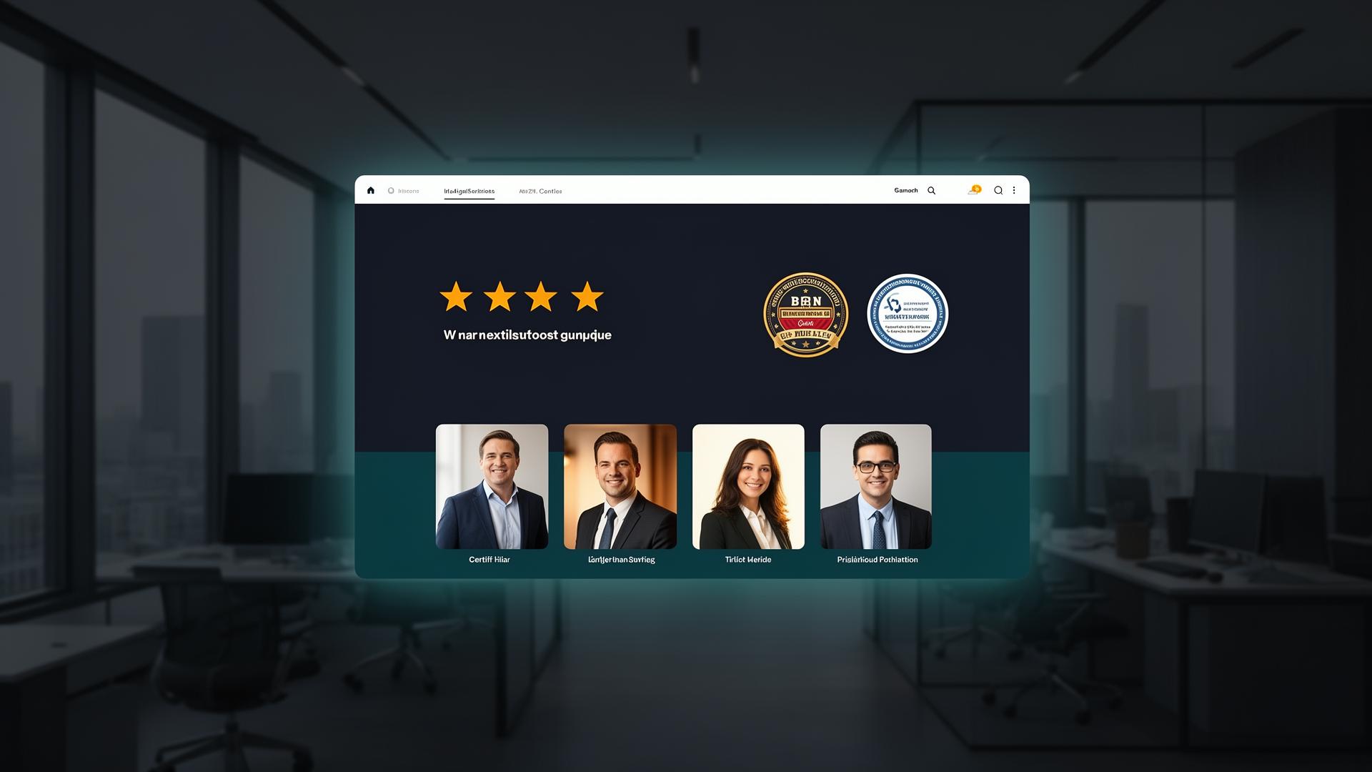 Editorial concept, a professional website interface floating with glowing trust signals and testimonial stars