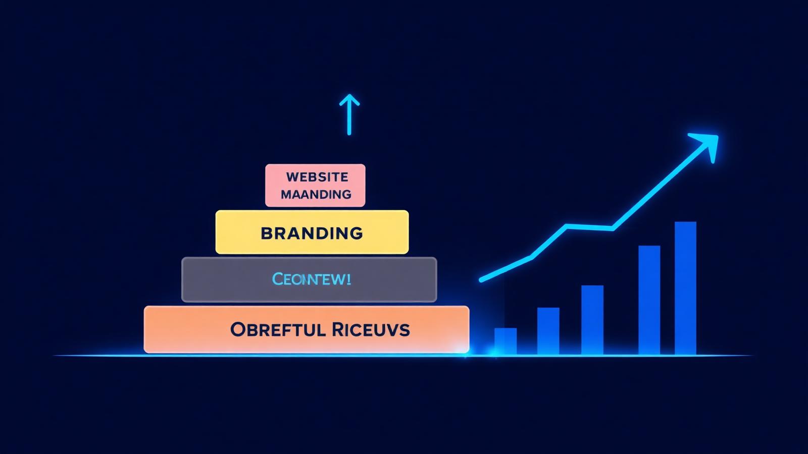 Editorial concept — layered growth marketing foundations with upward arrows and chart bars