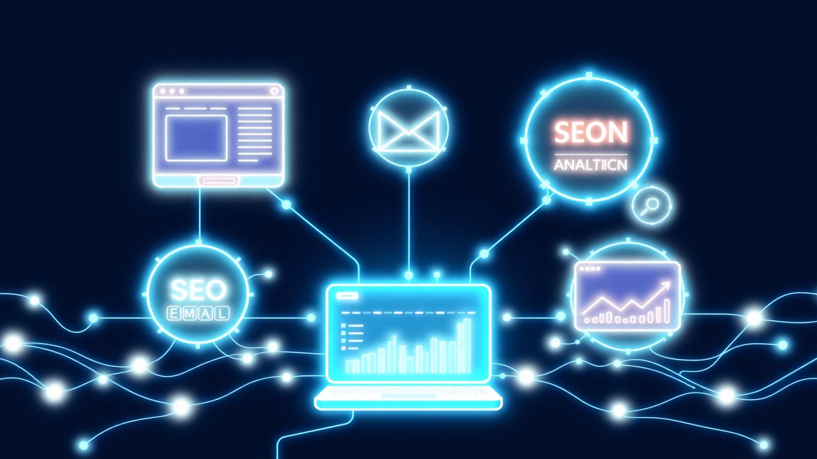 Editorial concept — interconnected marketing asset ecosystem with website, CRM, email, and analytics nodes
