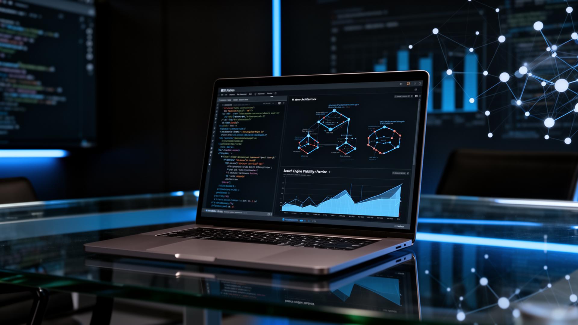Executive technical SEO concept — laptop with website architecture and analytics