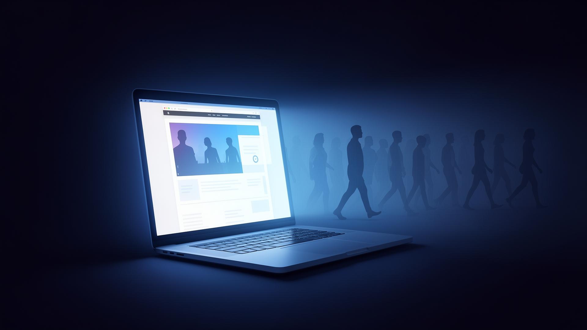 Editorial concept — silhouettes walking away from a glowing laptop