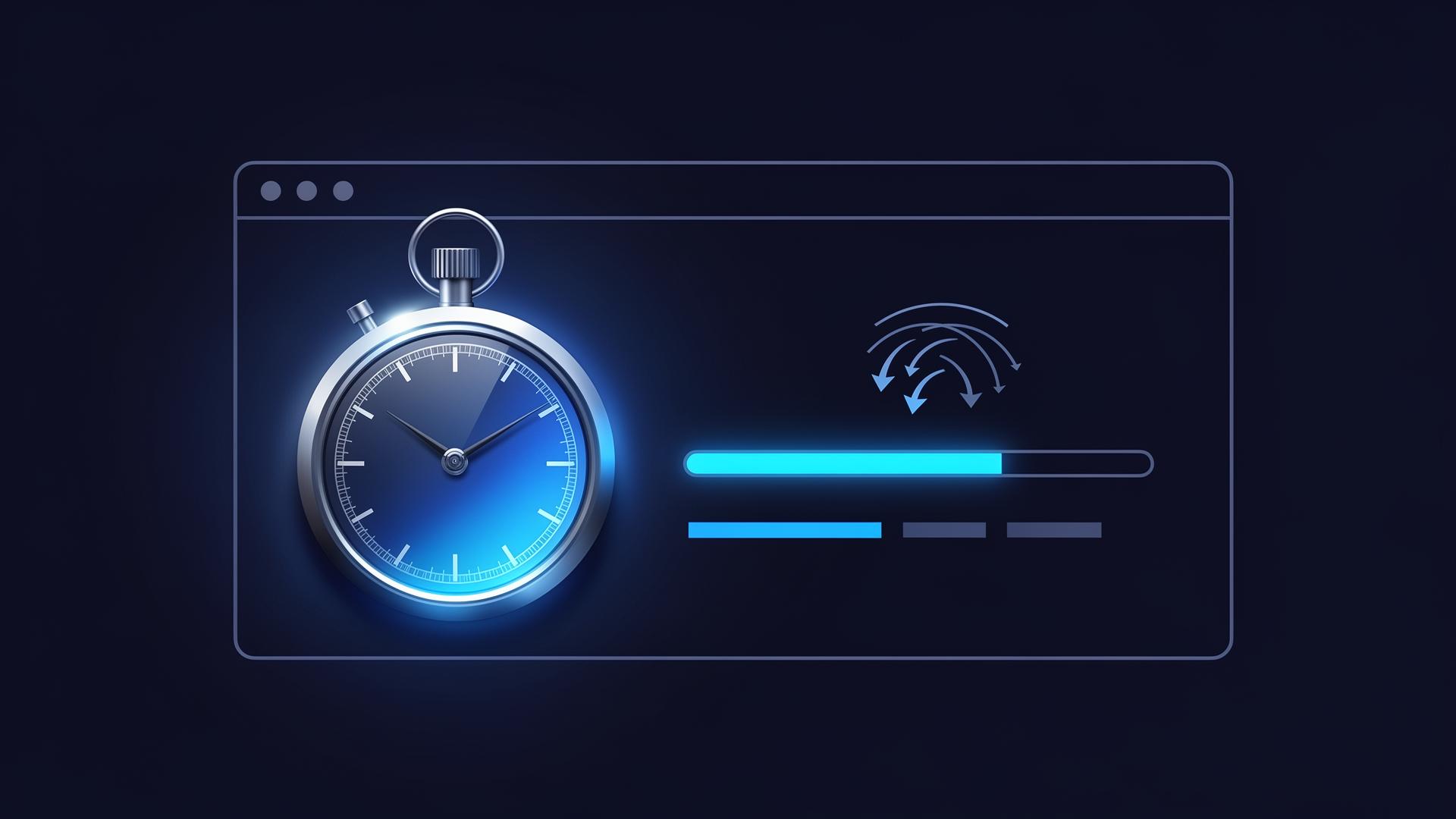 Editorial concept, stopwatch overlaid on a website wireframe with loading indicators