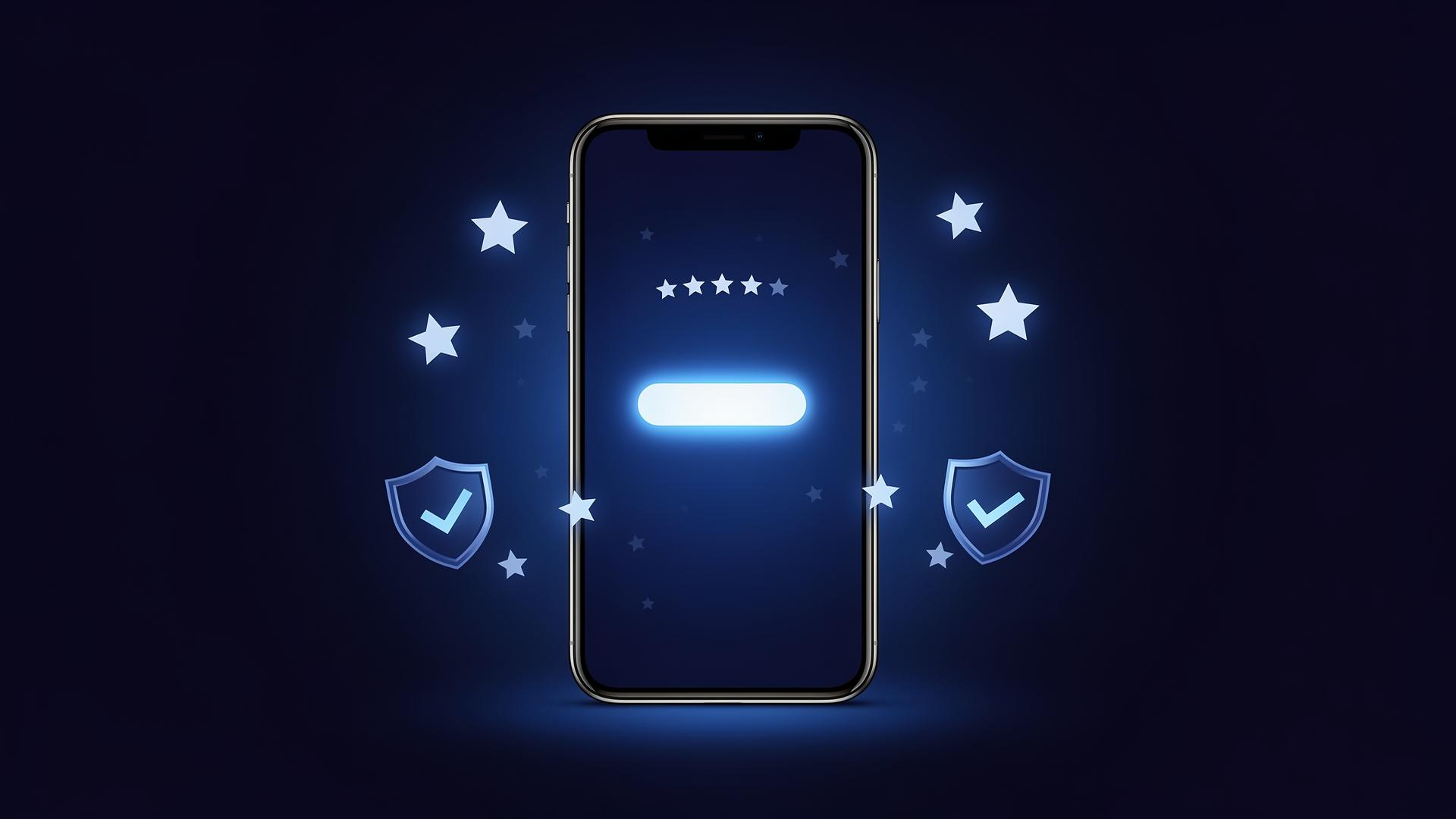 Editorial concept, smartphone with a glowing call-to-action button surrounded by star and shield trust signals