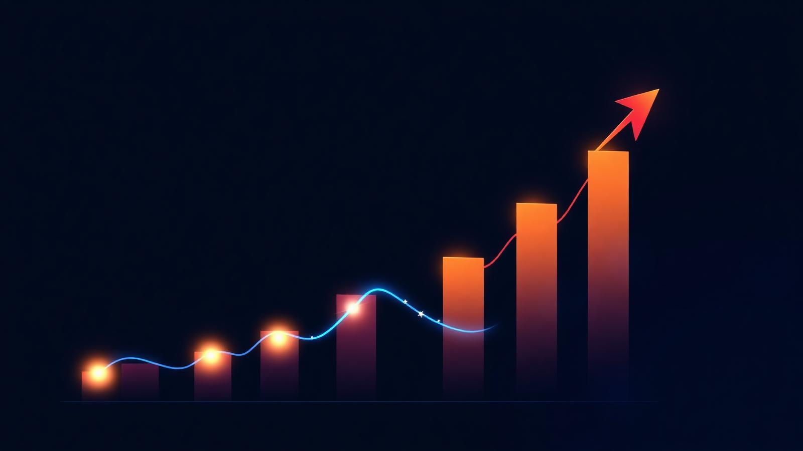 SEO recovery and ranking growth concept — upward-trending bar chart with glowing data points