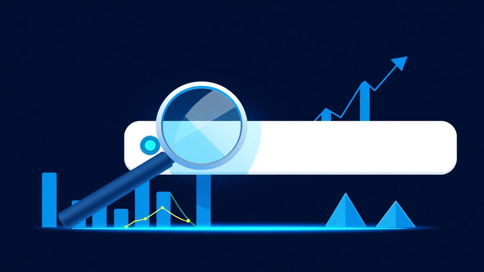 Keyword research and search ranking competition concept — magnifying glass over search bar and competitor charts